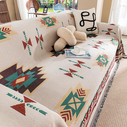 Reversible Boho Throw Blanket with Geometric Design – Soft Cotton Blend with Fringes