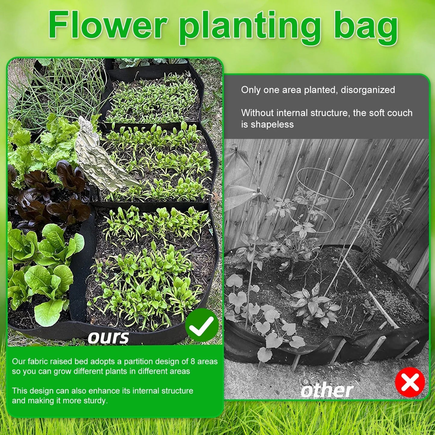 Raised Garden Bag with 8 Compartments | Black Felt Material | 180x90x30 cm
