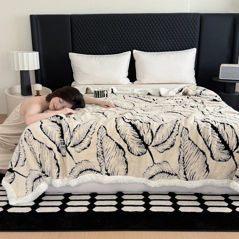 Cozy Lamb Fleece Blanket | Soft Velvet Throw with Gold Embossed Design | Stylish for Bed and Sofa