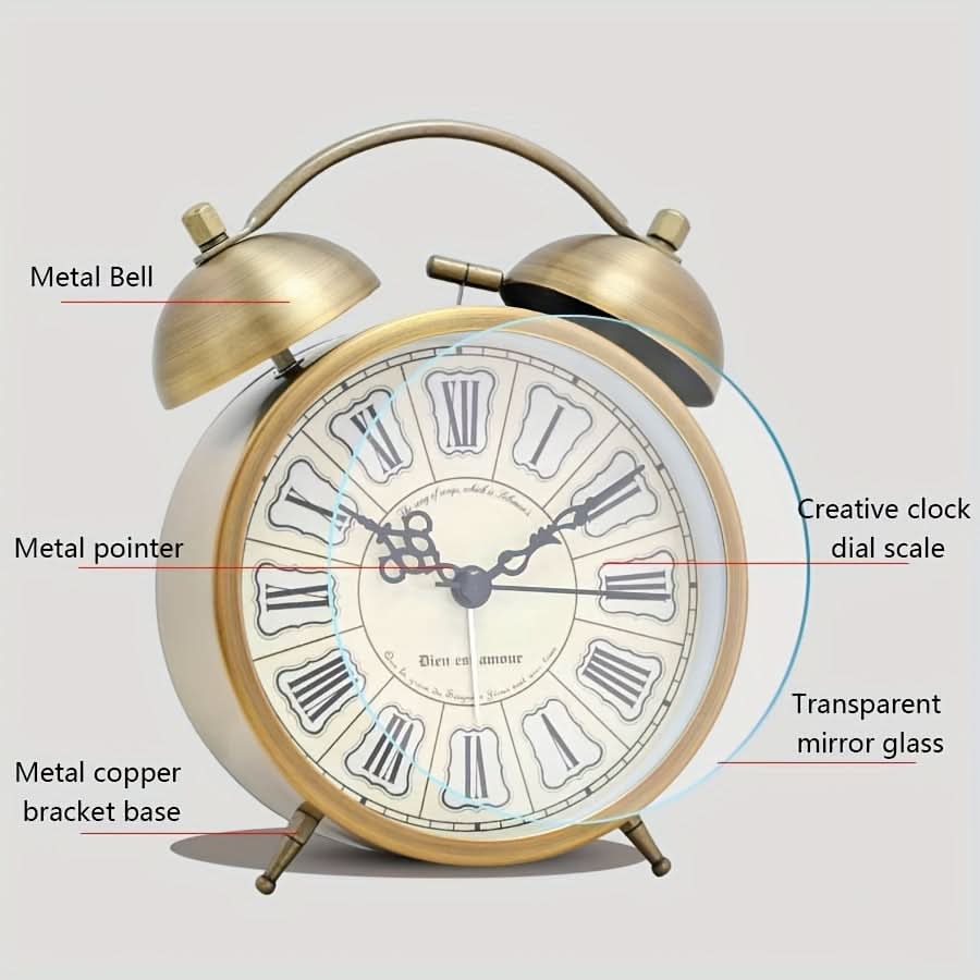 Scandinavian Vintage Twin Bell Alarm Clock with Luminous Metal Design