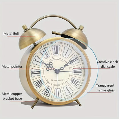Scandinavian Vintage Twin Bell Alarm Clock with Luminous Metal Design
