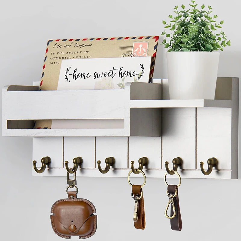 Wooden Key Holder with Shelf | Wall-Mounted Organizer Featuring 6 Hooks