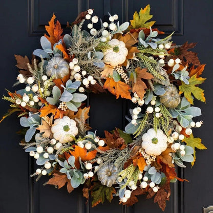 Handcrafted Autumn Wreath for Halloween – Door Decoration with Pumpkins and Eucalyptus