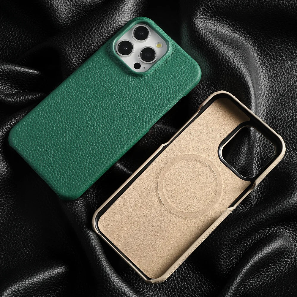 Leather iPhone Cover with MagSafe, Camera Guard, Microfiber Interior, Slim Design