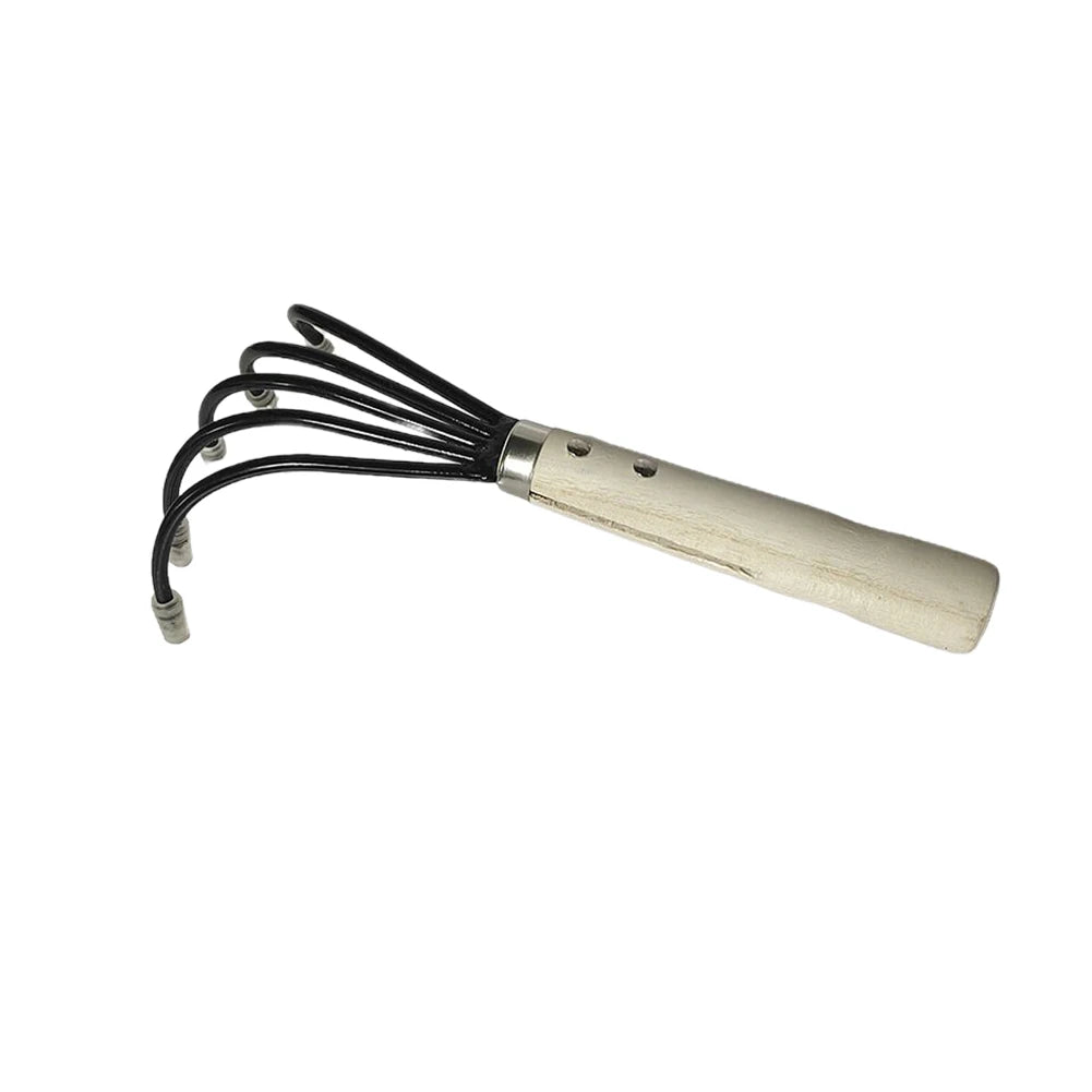 Garden Cultivator and Mini Hoe with 5 Tines | Carbon Steel | Wooden Handle | 38 × 21 × 8.5 cm