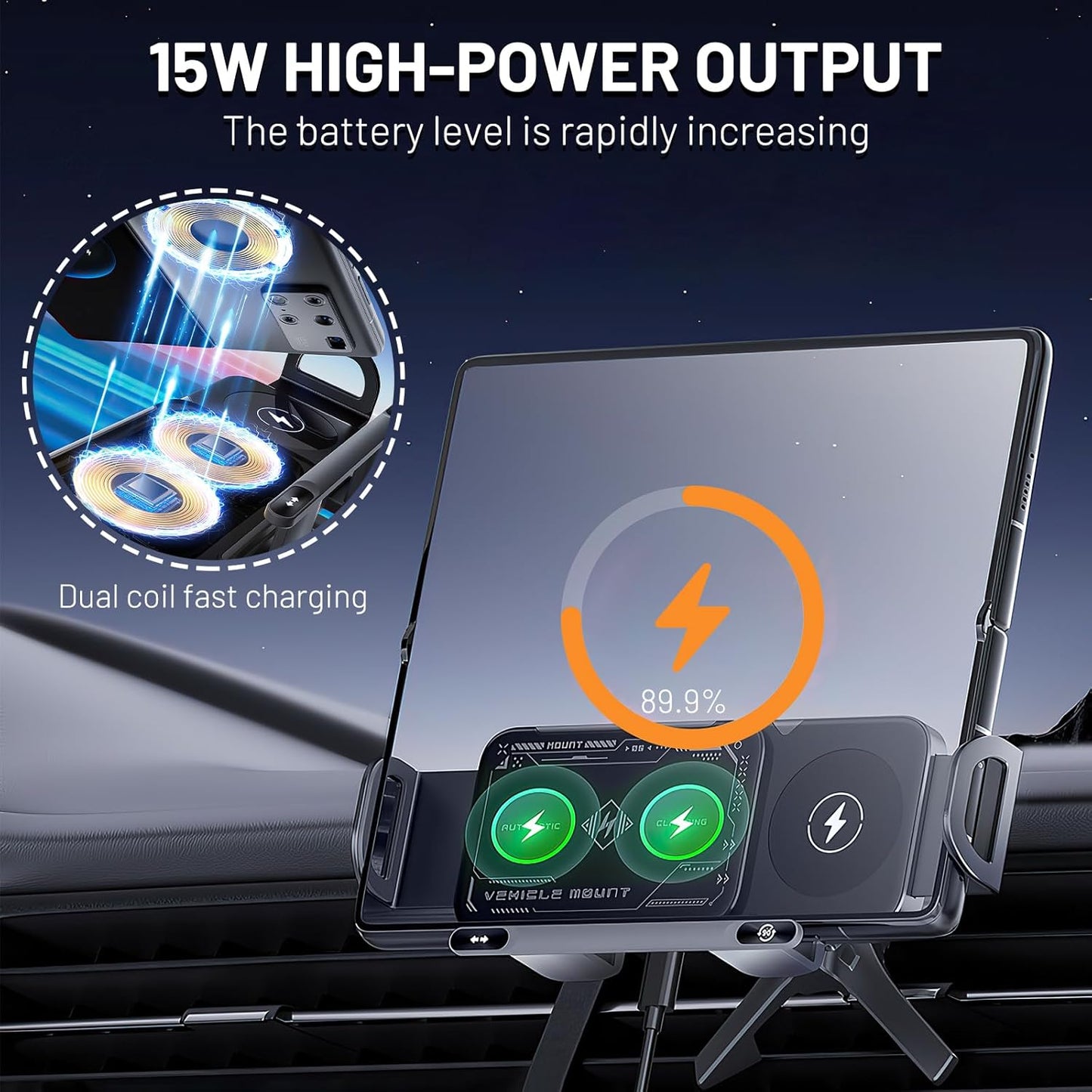 Smart Car Phone Mount with 15W Fast Wireless Charging