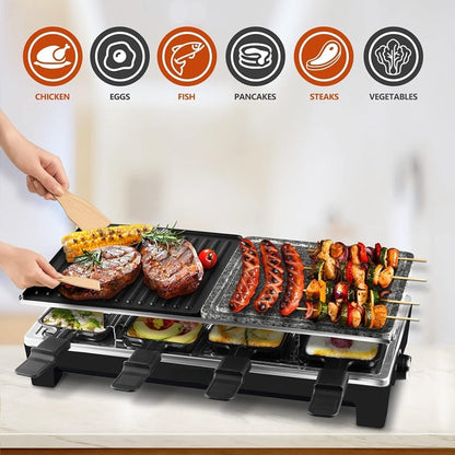 Electric Grill with Non-Stick Reversible Plate and Raclette Trays for Indoor Use