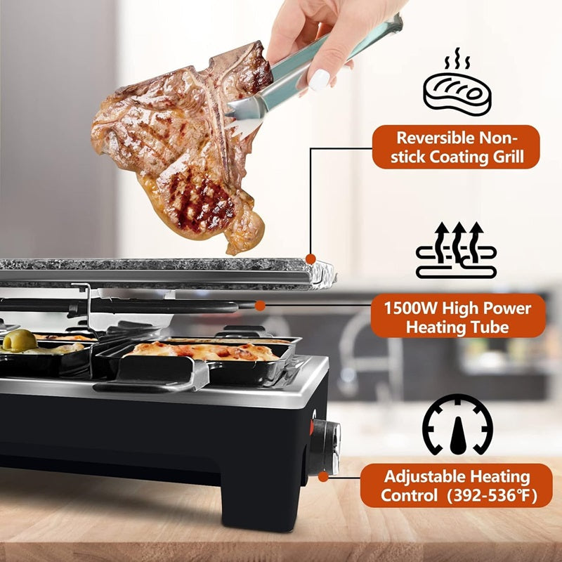 Electric Grill with Non-Stick Reversible Plate and Raclette Trays for Indoor Use