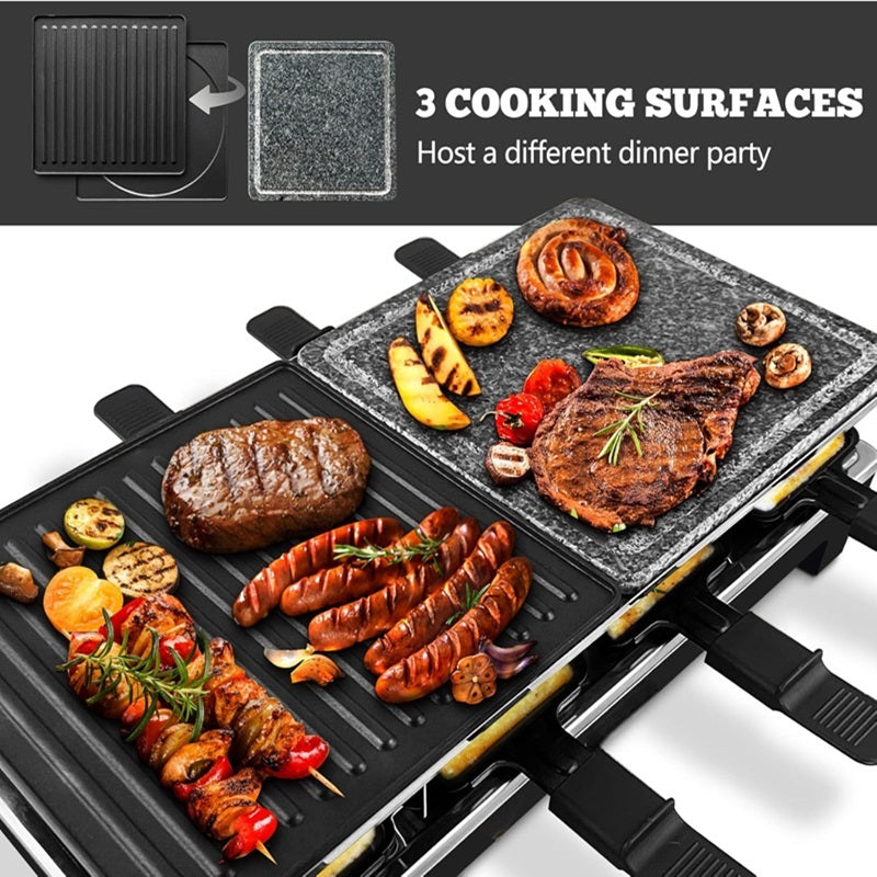Electric Grill with Non-Stick Reversible Plate and Raclette Trays for Indoor Use