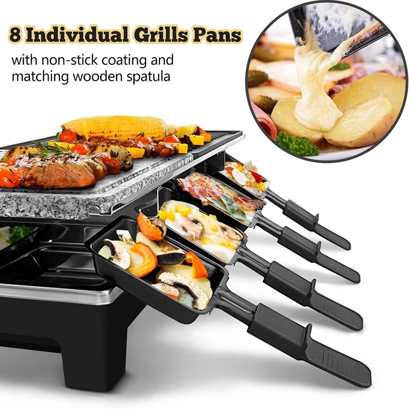 Electric Grill with Non-Stick Reversible Plate and Raclette Trays for Indoor Use