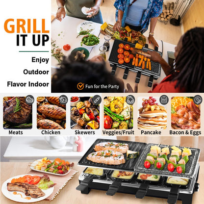 Electric Grill with Non-Stick Reversible Plate and Raclette Trays for Indoor Use