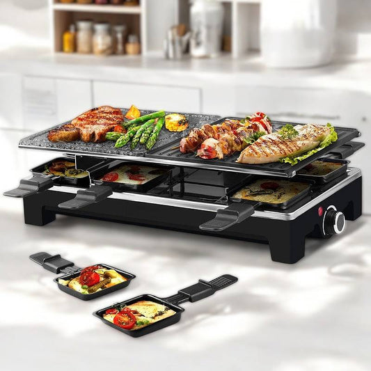 Electric Grill with Non-Stick Reversible Plate and Raclette Trays for Indoor Use
