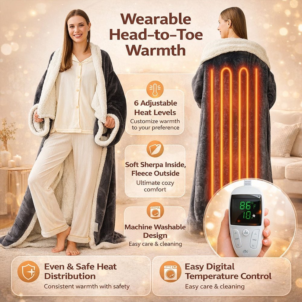 Cozy Wearable Electric Blanket with Sleeves and Foot Pouch