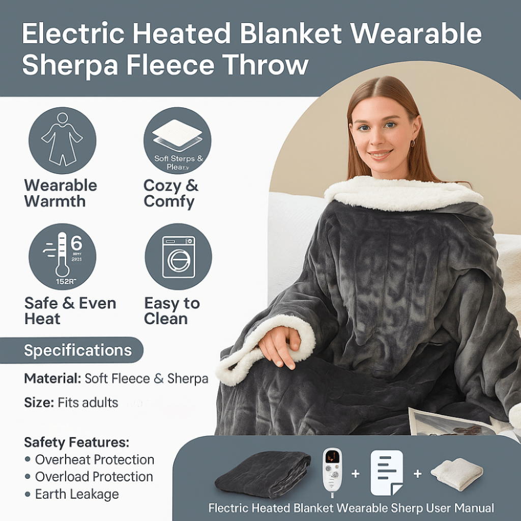 Cozy Wearable Electric Blanket with Sleeves and Foot Pouch