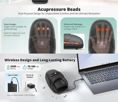 Wireless Hand Massager with Heat and Air Compression | 6 Settings for Fingers, Palms, and Wrists, USB-C Rechargeable