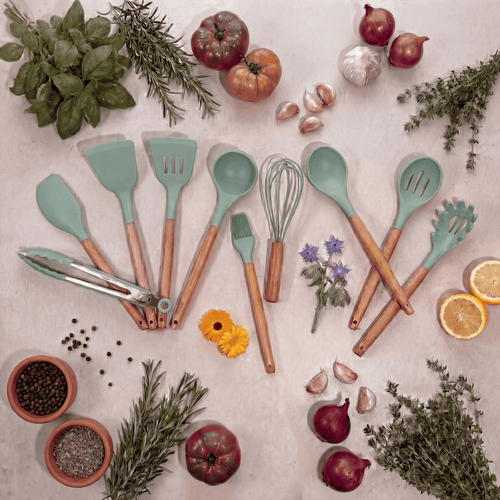 10-Piece Cooking Tool Set – Teal Silicone with Wooden Handles