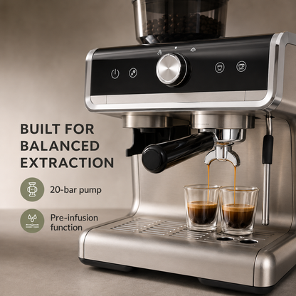 Espresso Maker with Integrated Burr Grinder, 20-Bar Pressure, 30 Grind Options, Steam Wand & 94.6 fl oz Reservoir