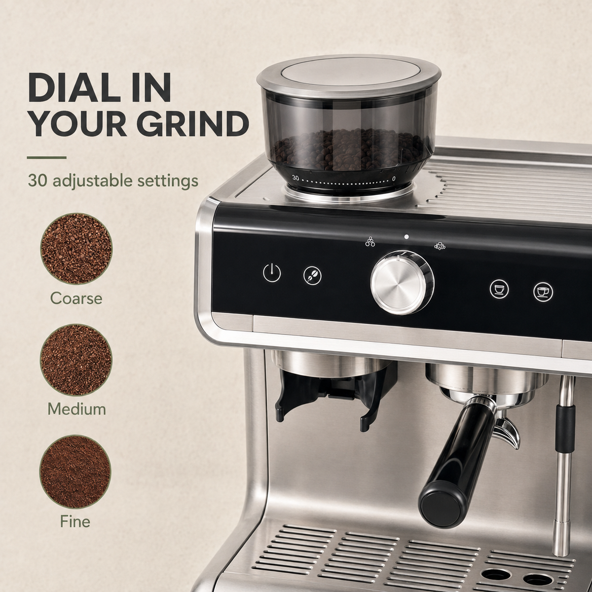 Espresso Maker with Integrated Burr Grinder, 20-Bar Pressure, 30 Grind Options, Steam Wand & 94.6 fl oz Reservoir