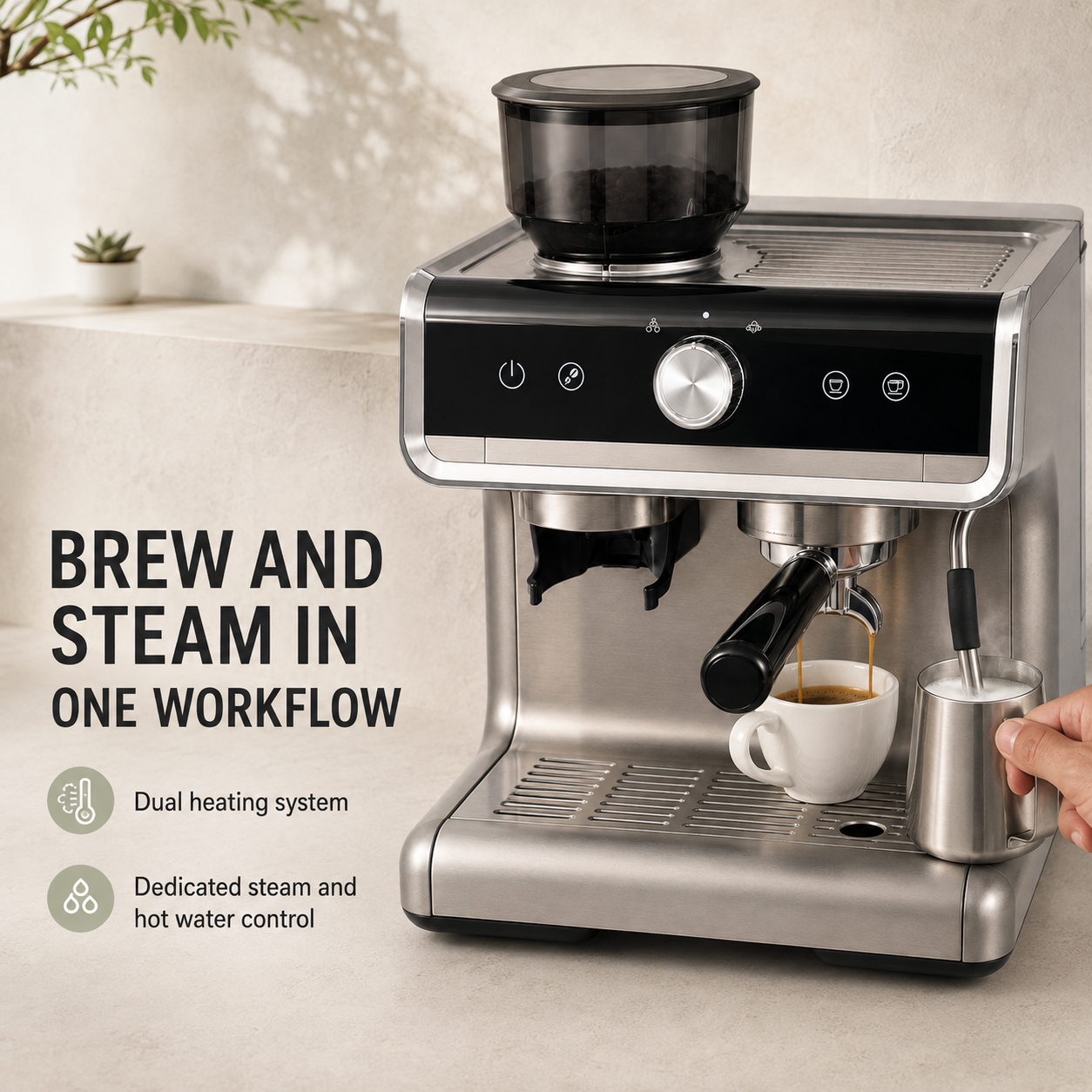 Espresso Maker with Integrated Burr Grinder, 20-Bar Pressure, 30 Grind Options, Steam Wand & 94.6 fl oz Reservoir