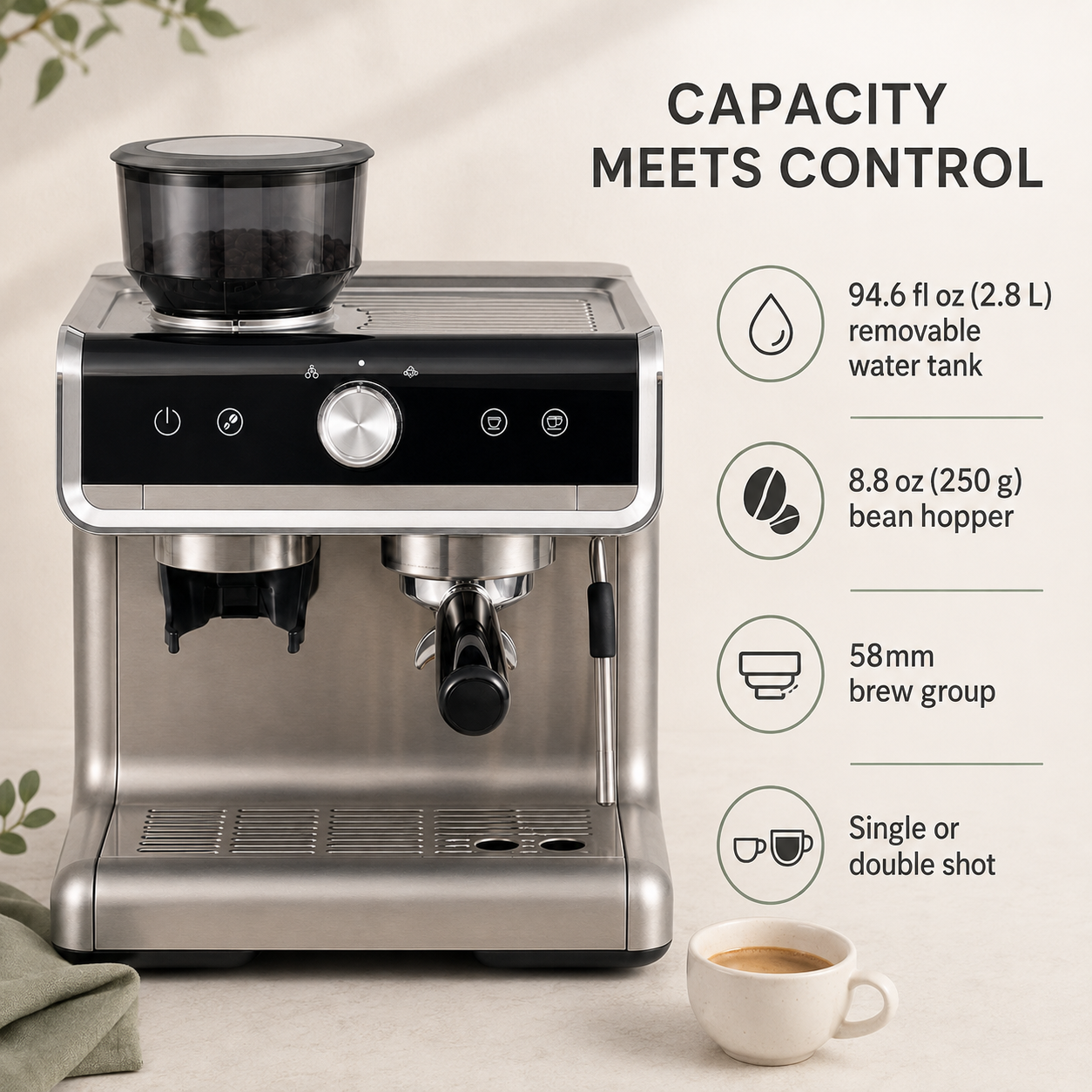 Espresso Maker with Integrated Burr Grinder, 20-Bar Pressure, 30 Grind Options, Steam Wand & 94.6 fl oz Reservoir