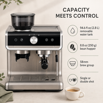 Espresso Maker with Integrated Burr Grinder, 20-Bar Pressure, 30 Grind Options, Steam Wand & 94.6 fl oz Reservoir