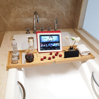 Versatile Bamboo Bath Caddy Tray with Adjustable Compartments