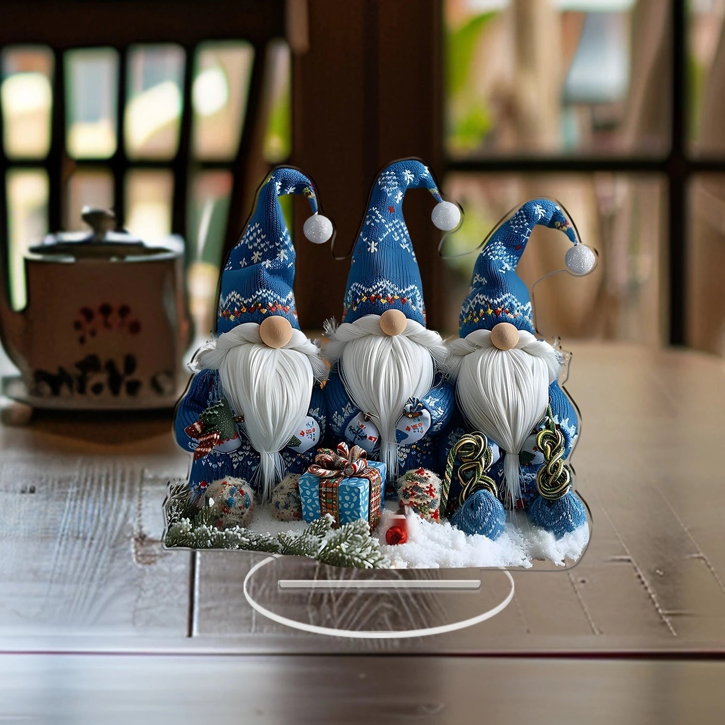 Set of 3 Blue Christmas Gnome Figurines | 18 cm Acrylic Table Decor for Living Room, Kitchen & Office