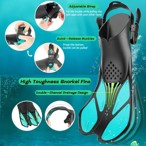 Snorkel and Swim Fins with Adjustable Straps, Open Heel & Compact Design - Ideal for Travel and Water Sports