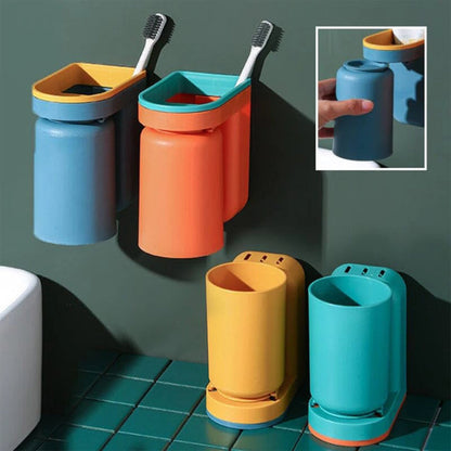 Wall-Mounted Toothbrush Holder with Dual Cups | No-Drill Installation | Removable Cups | Space-Saving Bathroom Organizer