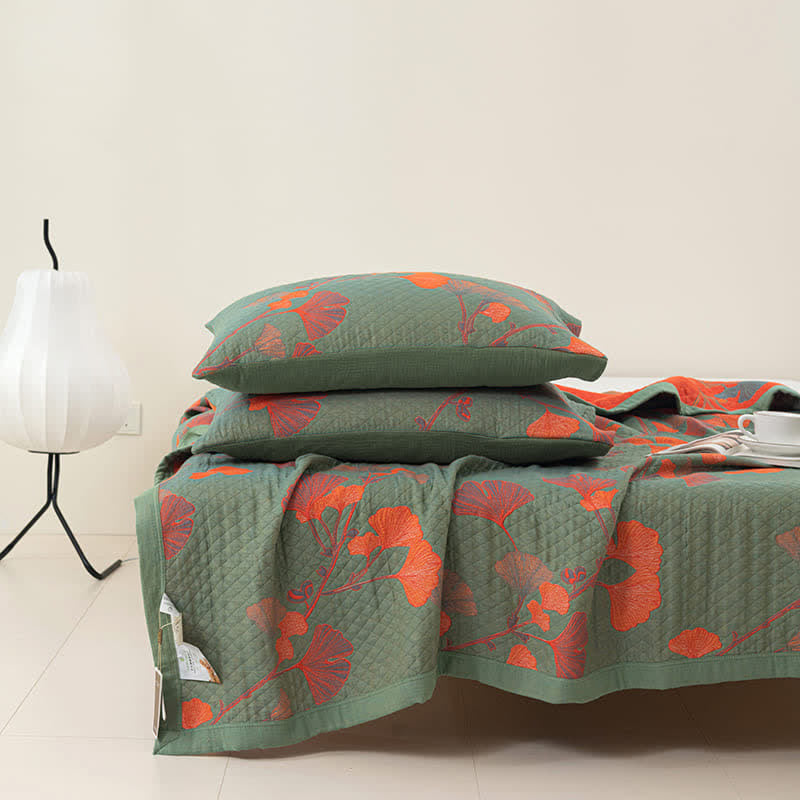 Reversible Cotton Blanket with Orange Ginkgo Leaf Design