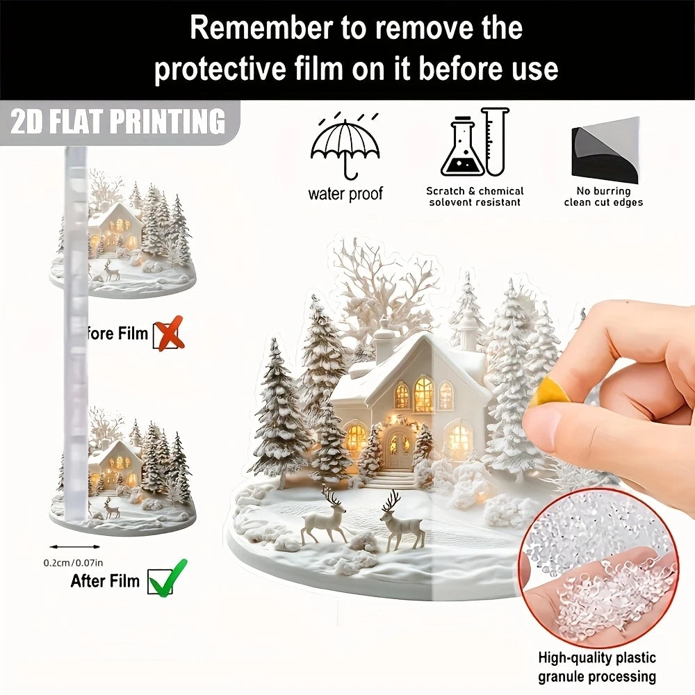 Acrylic Christmas Ornament - Snow Village with Reindeer Scene - Flat 2D Design