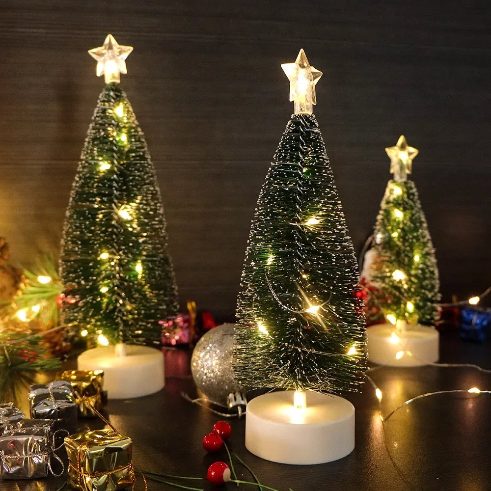 Mini LED Christmas Tree with Copper Wire Lights and Snow Effect - 16-21 cm, Warm White or Multicolor, Battery Operated