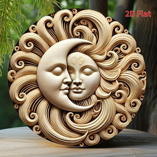 Wooden Sun and Moon Shield – Round Shape – 2D Color Print for Garden and Home Decor