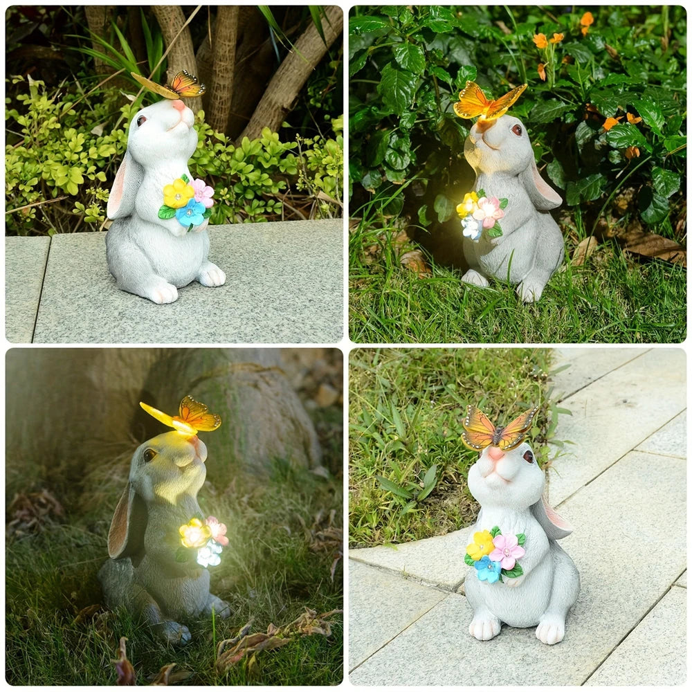 Solar Garden Bunny Statue with LED Butterfly | Waterproof Plastic