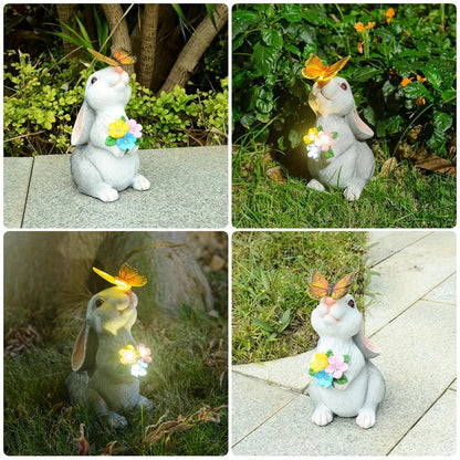 Solar Garden Bunny Statue with LED Butterfly | Waterproof Plastic