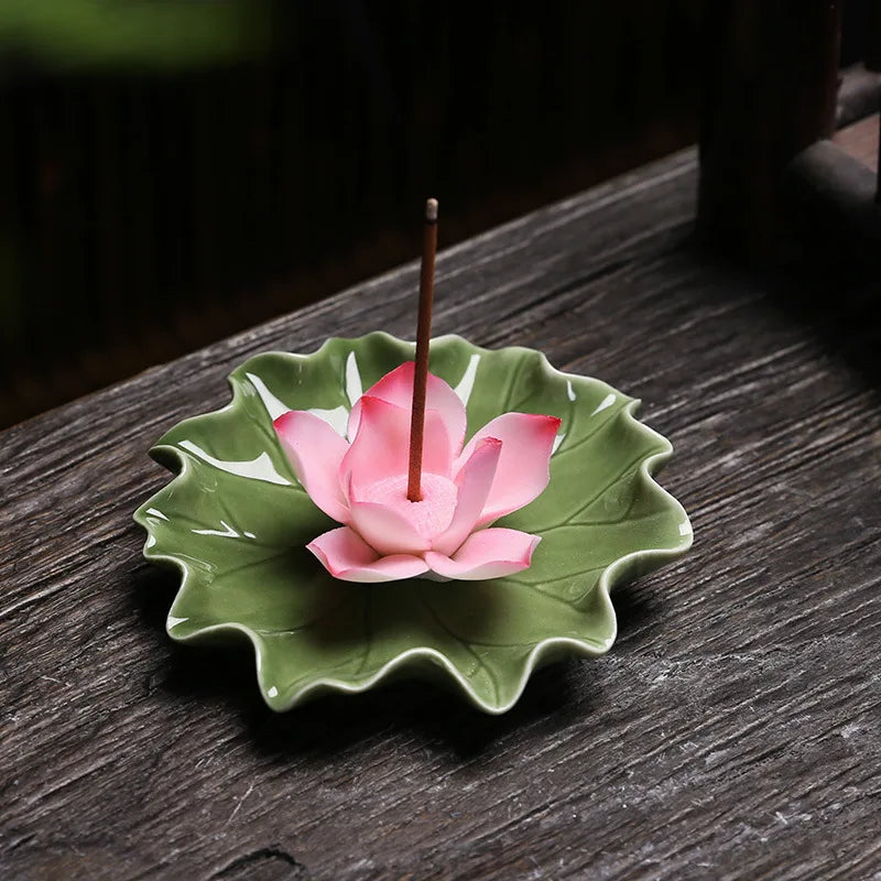 Handcrafted Ceramic Incense Stick Holder with Lotus Leaf Design – Aroma Diffuser