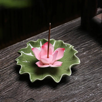 Handcrafted Ceramic Incense Stick Holder with Lotus Leaf Design – Aroma Diffuser