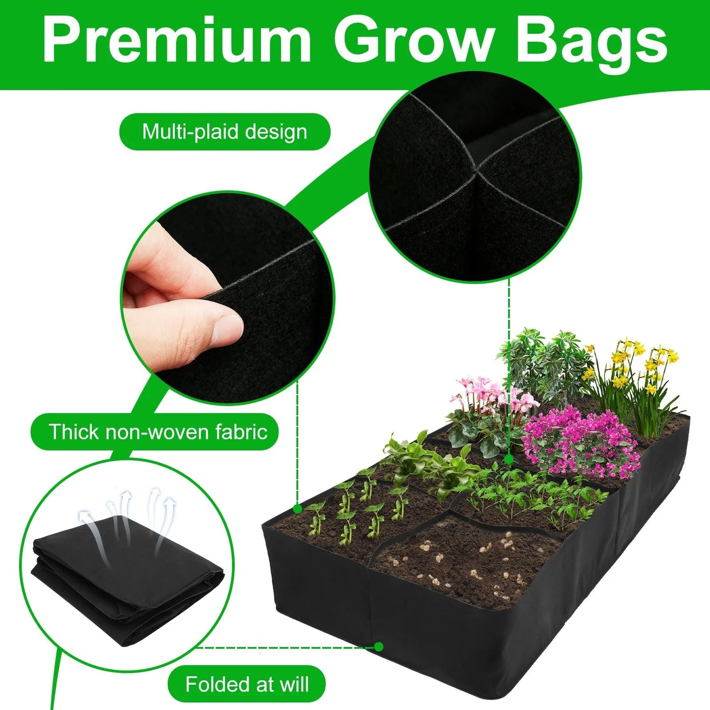 Raised Garden Bag with 8 Compartments | Black Felt Material | 180x90x30 cm