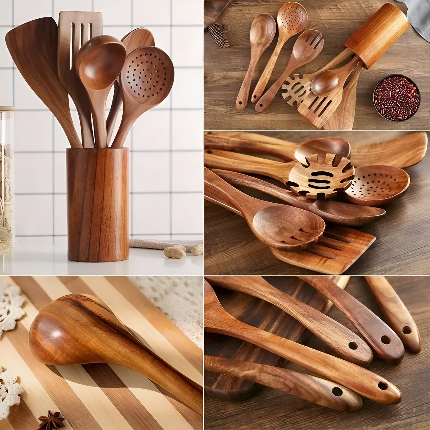 7-Piece Kitchen Utensil Set in Wood for Cooking and Pans