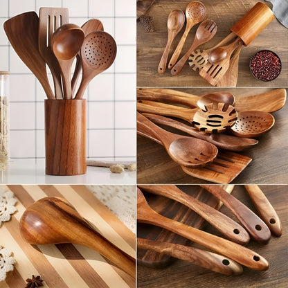 7-Piece Kitchen Utensil Set in Wood for Cooking and Pans