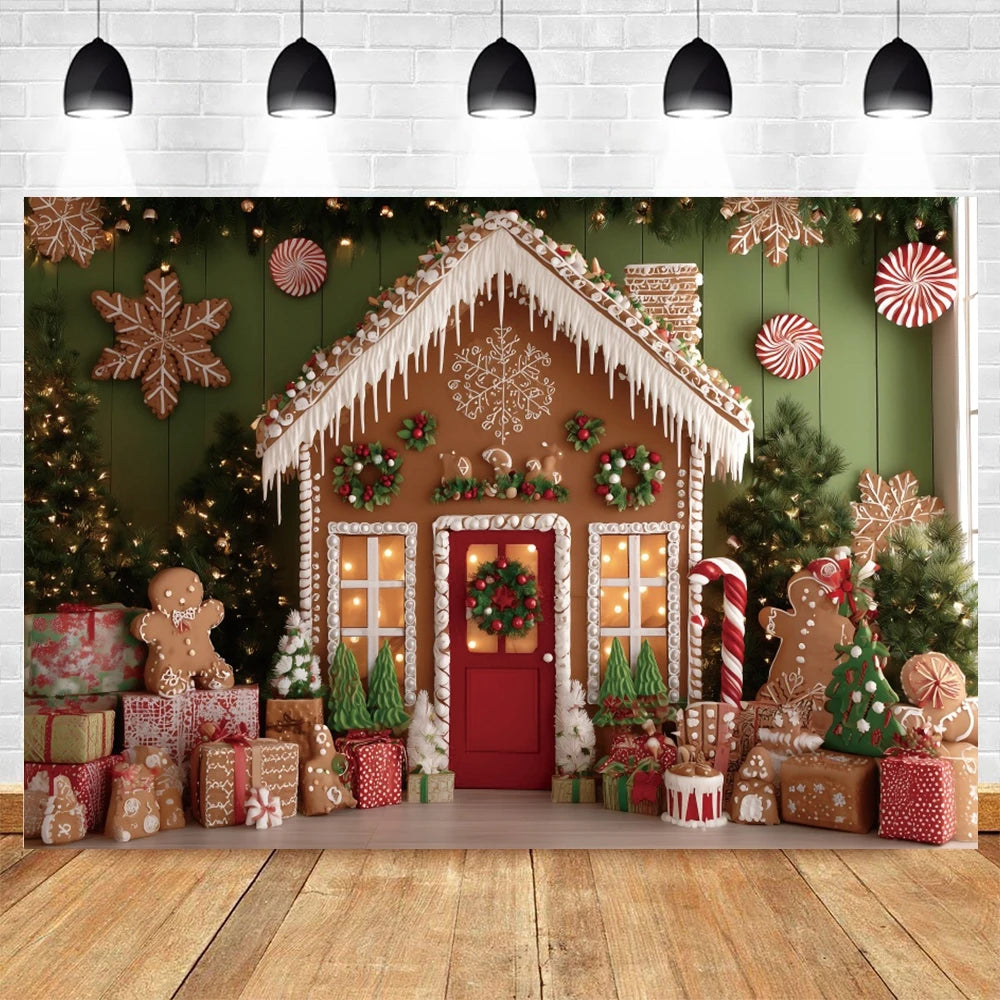 Christmas Photo Background - Snowy Landscape & Gingerbread House - Family & Kids Photo Shoot Decor - Polyester/Vinyl - 300×200 cm