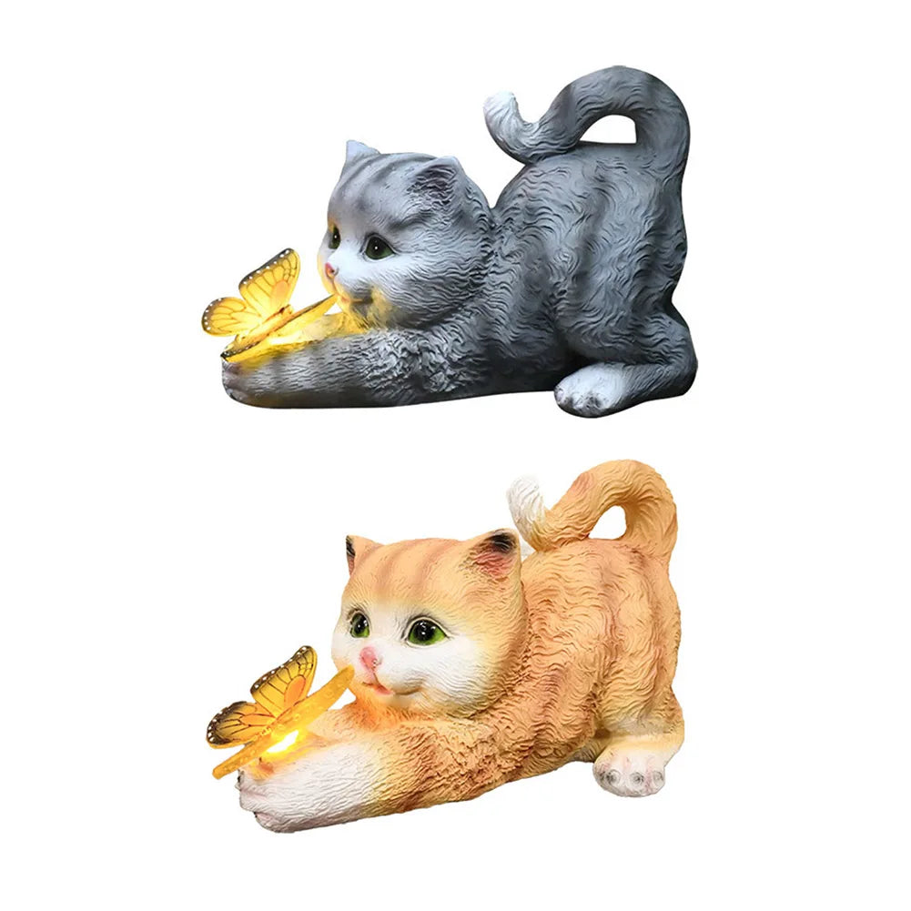 Solar Cat Figurine with Butterfly Design – Waterproof Garden Ornament