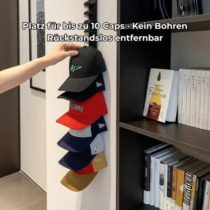 Stylish Cap Display Rack for Up to 10 Hats | No-Drill Adhesive Holder | Space-Saving Design | Sleek Black Finish