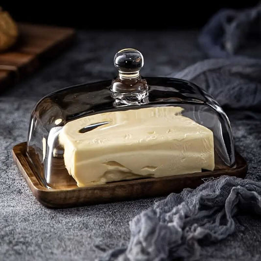 Elegant Wooden Butter Container with Glass Cover for Dining