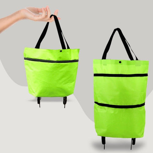 Wheeled Foldable Shopping Bag, 2-in-1 Trolley with Zipper and Handles, Reusable