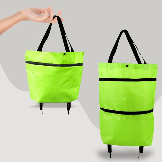 Wheeled Foldable Shopping Bag, 2-in-1 Trolley with Zipper and Handles, Reusable