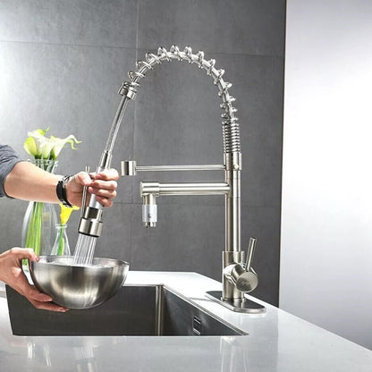 360-Degree Stainless Steel Kitchen Tap with Pull-Down Spring Spout