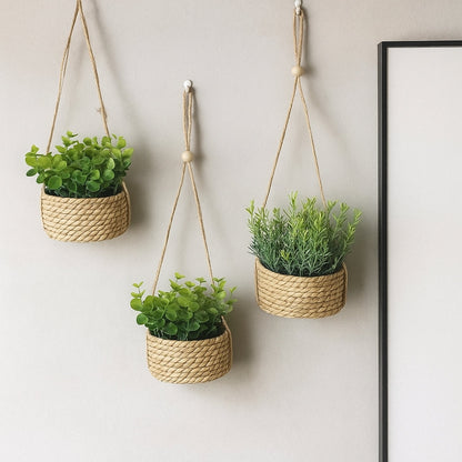 Breezy Green Hanging Faux Plant in Natural Woven Basket