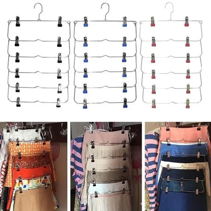 Stainless Steel Pants Hanger with 6 Levels | Multi-Layer Skirt & Pant Organizer | Space-Saving Design with 12 Clips