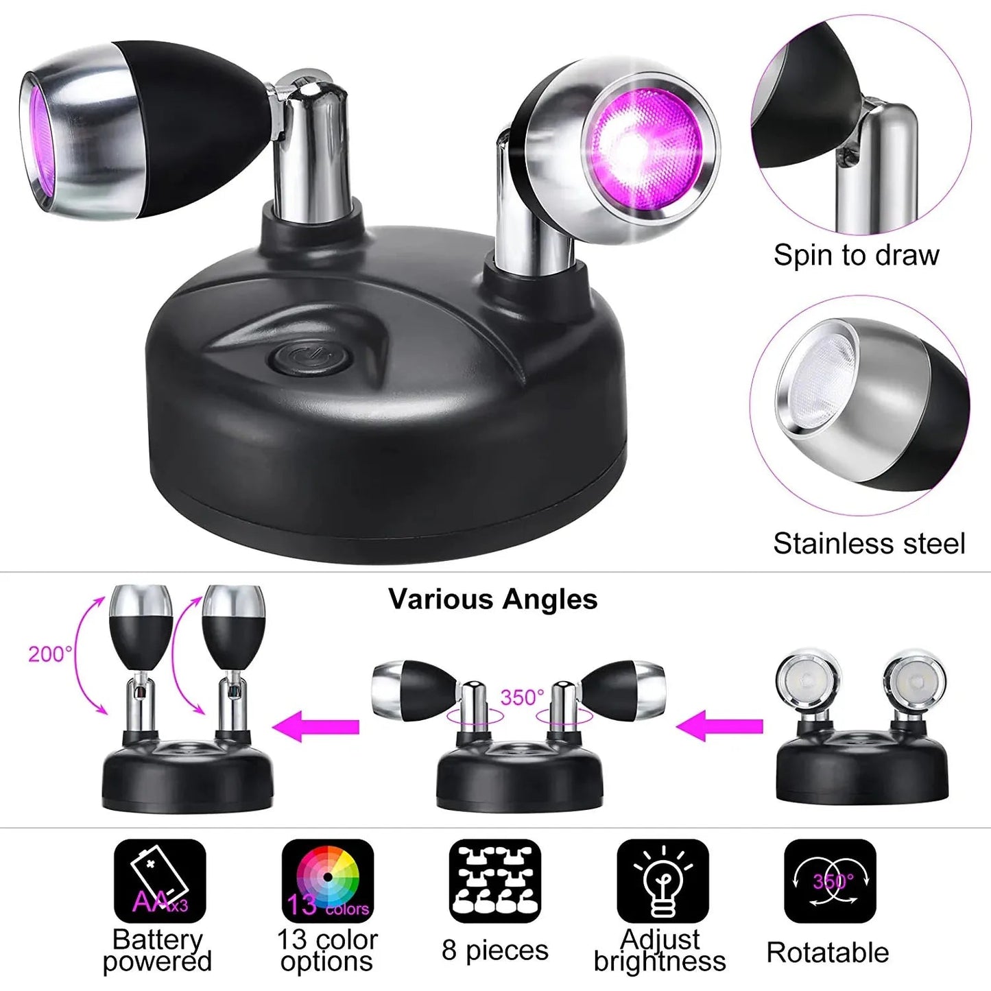 Wireless LED Spotlight Set of 2 with Remote Control – RGB Color Change & Timer, Adjustable for Photos, Cabinets & Walls